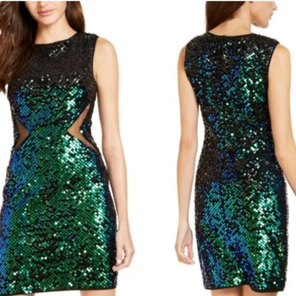 Sho by Tadashi Shoji Iridescent Green Sequin Cutout Dress Size XL NWT - Picture 3 of 9
